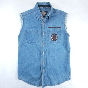 Harley Davidson Mens S Blue Denim Vest Jacket Button Pockets Collared 105 Years